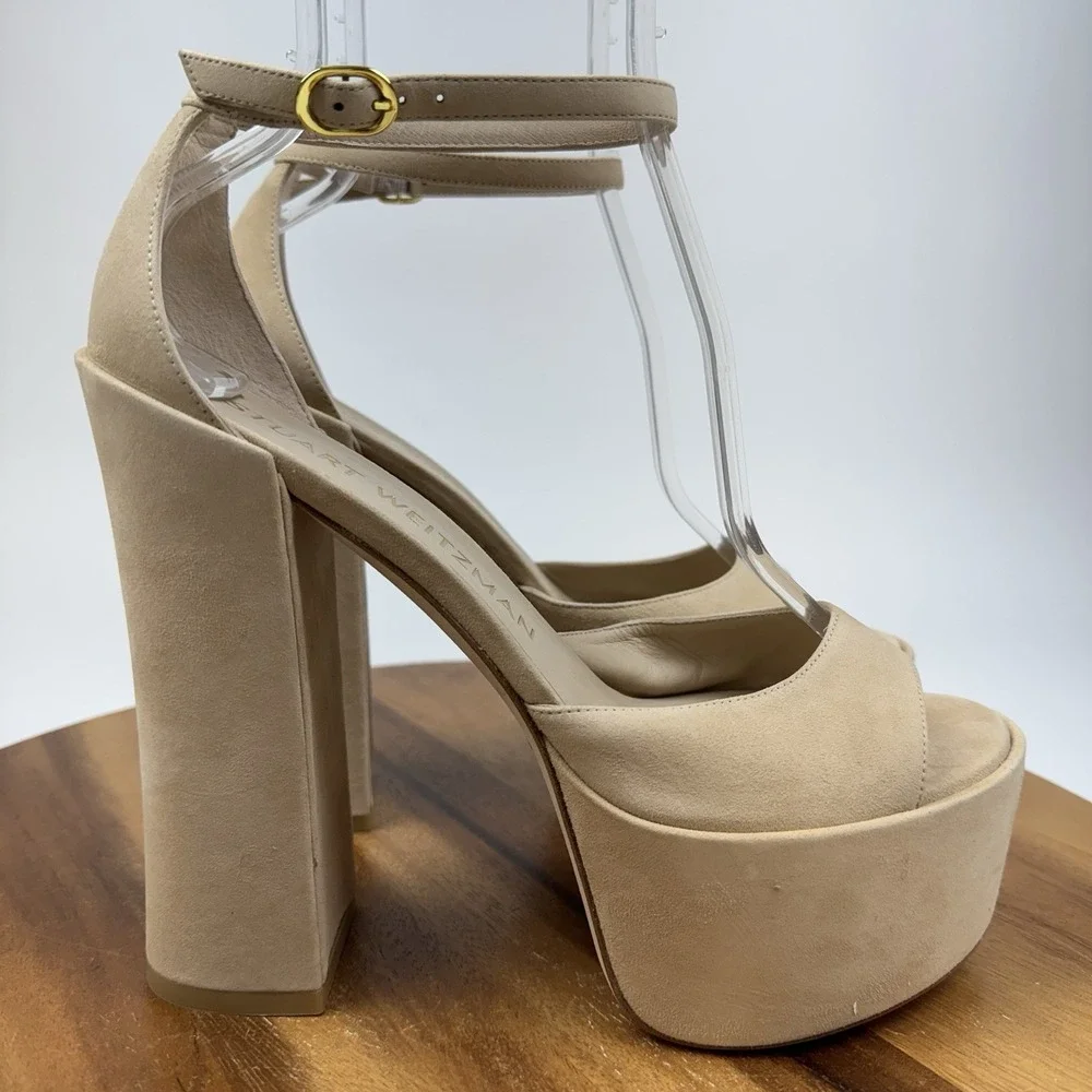 New NIB Womens Stuart Weitzman Skyhigh 145 Beige Suede Platform Sandals Size 10